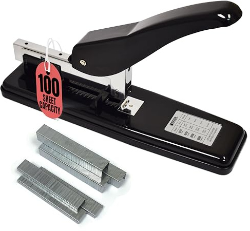 Agrafeuse commerciale robuste avec 2 000 agrafes, acier poli noir, grande capacité de 100 feuilles, levier ergonomique arrondi et base de stabilité pondérée, grande agrafeuse sans bourrage Better