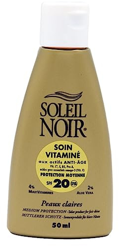 Soleil Noir - Soin Vitaminé SPF 20 Protection Moyenne 3 Filtres UVA et UVB - Peaux Claires - Vitamines A, C, E, Aloé Vera - Fabrication Française - Flacon avec Capsule Service, 50 ml