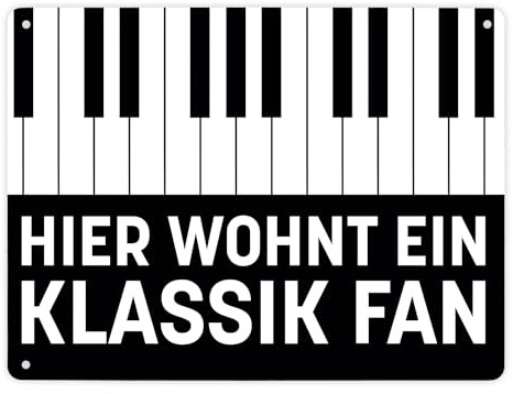 Hier wohnt ein Klassik Fan Metallschild XL in 21x28 cm mit Klavier Design schlichtes Blechschild mit stilvollem Piano Motiv als Geschenk für einen Klassikfan der gerne sein Haus