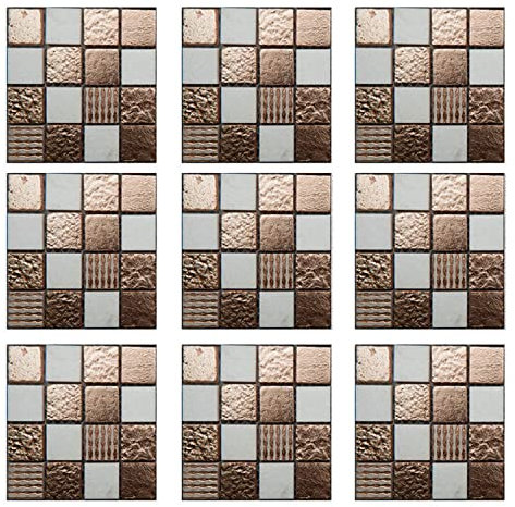 Adesivi per Piastrelle, Pellicola Decorativa per Piastrelle per Cucina e Bagno, 10 x 10 cm, 30 Pezzi, Griglia oro e Grigia
