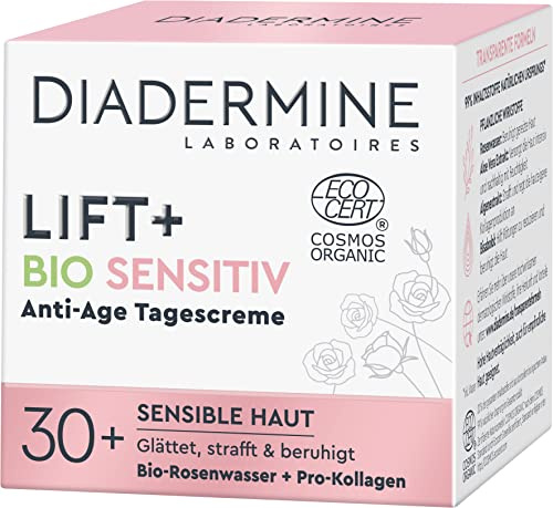 Diadermine Lift+ Bio Sensitiv Anti-Age Tagescreme (50 ml), Gesichtscreme glättet, strafft und beruhigt die Haut, Tagespflege speziell für sensible Haut