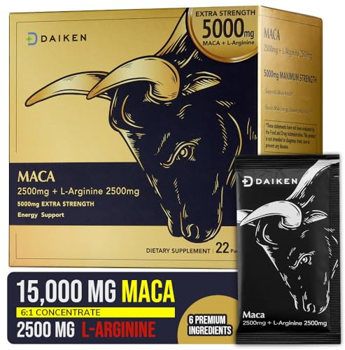 DAIKEN Peruvian Maca Root Powder Extra Strength 15,000 mg, Gelatinized Black, Red, Yellow Maca Blend with L-Arginine (2,500 mg) for Men and Women, Superior Absorption, Vegan, Lab Tested - 22 Packets