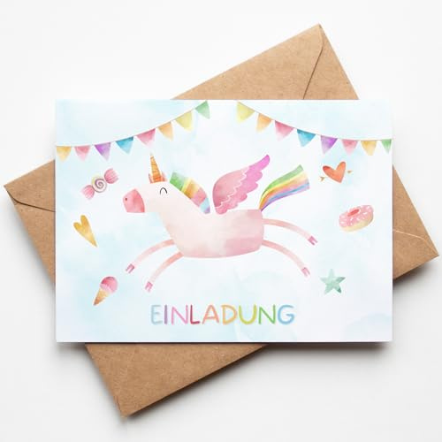 10 Einhorn Einladungskarten für Kindergeburtstage mit Umschlägen, Süße rosa Einladung für Mädchengeburtstag zum Ausfüllen, Mädchen Geburtstagseinladung Mottoparty Einhorn