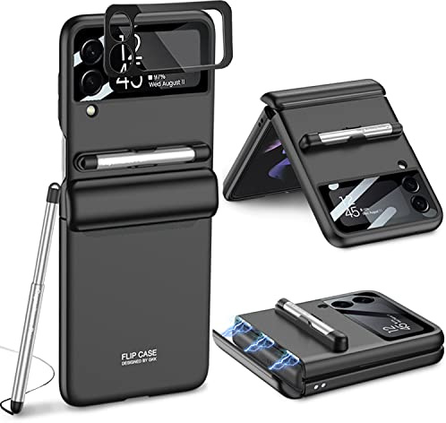 COCOING for Samsung Galaxy Z Flip 4 Case,with Stylus Fashion Business Phone case,with Hinge Protection Device and Camera Screen Protector,Case for Samsung Z Flip 4 2022 (Black)