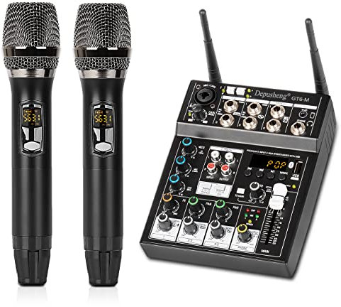 Depusheng Mélangeur audio professionnel, mélangeur de son 6 canaux avec double micro sans fil, console de carte son MP3 Bluetooth 48 V alimentation fantôme interface USB mixage DJ