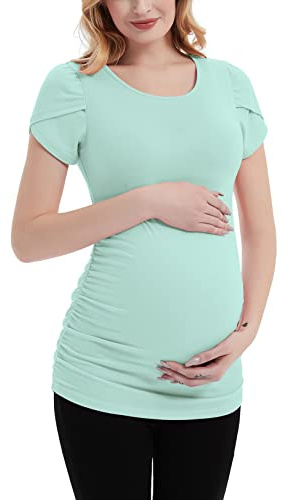 DEBELLY Maternity Top Short Petal Sleeve Shirt Ruched Side Pregnancy Tunic for Casual Wear Basic Maternity Tee, Mint Green, L
