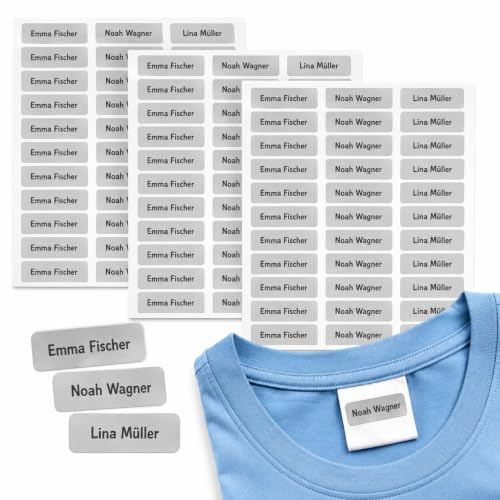 Indigos UG - Namensaufkleber Kleidung grau - 120 Stück 30x15 mm - personalisiert mit Wunschtext - waschmaschinenfest - Pflegeheim Altenheim Kita Schule - selbstklebend Wäscheetiketten