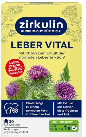 Zirkulin Leber Vital 30 Kapseln - Mit Cholin, Mariendistelfruchtextrakt & Zink - für die Unterstützung einer gesunden Leberfunktion – Hergestellt in D.
