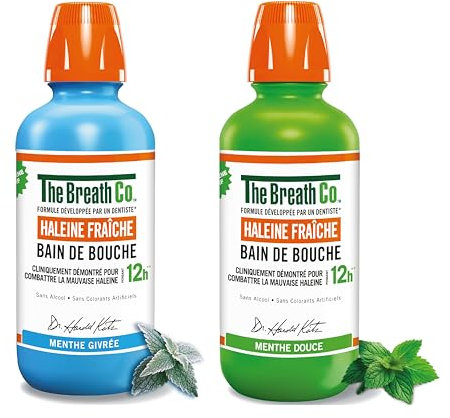 The Breath Co. - Bain de Bouche Sans Alcool - Formule développée par un dentiste - Haleine Fraîche pendant 12 heures* - Menthe Givrée, 500ml + Menthe Douce, 500ml (Lot de 2x500 ml)