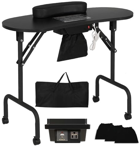 AGESISI Portable Manicure Table Nail Desk with Charging Station & Dust Collector, Foldable Nail Tech Table for Technician Spa Salon Workstation with Wrist Pad 4 Lockable Wheels, 36-inch, Black