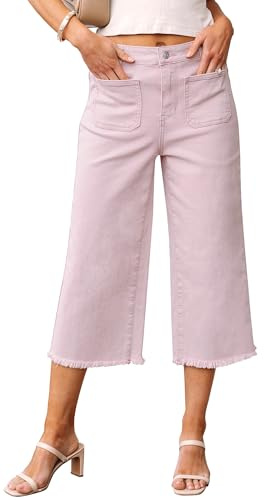 luvamia Capris Jeans for Women Wide Leg High Waisted Trendy Raw Hem Patch Pocket Cropped Stretchy Denim Capri Pants Summer Clothes for Women Hushed Violet Medium Fits Size 8 Size 10