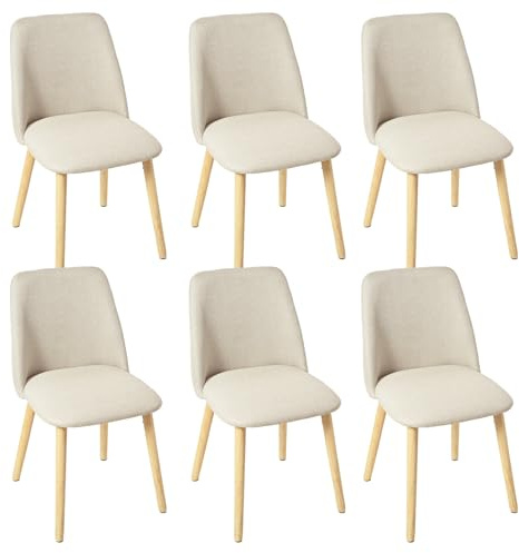 Goeurvant Esszimmerstühle 6er Set mit Holzbein, Moderner Küchenstuhl mit Filzgleiter, Polsterstuhl aus Leinen für Esszimmer Wohnzimmer, Beige