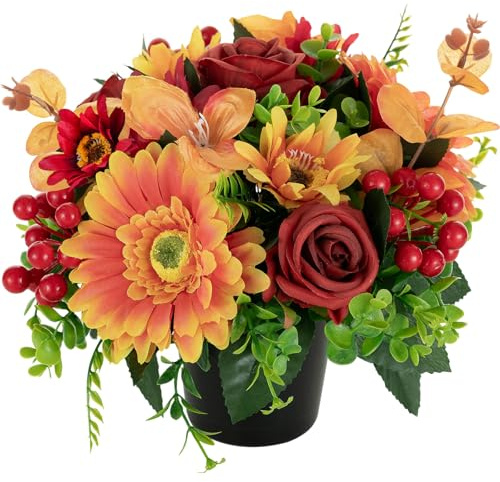 Memobloom Artificial Grave Flower Pots: Autumn Red Roses Orange Sunflowers Pansy Artificial Flowers for Graves Decorations - Cemetery Memorial Silk Bouquet in Pot Outdoor Graveside