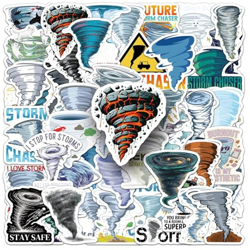 50PCS Tornado Stickers for Bumper,Luggage,Helmet,Guitar,Notebook,Scrapbook,Water Bottle,Laptop,Cartoon Thunderstorm Weather Waterproof Vinyl Sticker,Teens Girls Decal,Aesthetic Cute Graffiti Decals