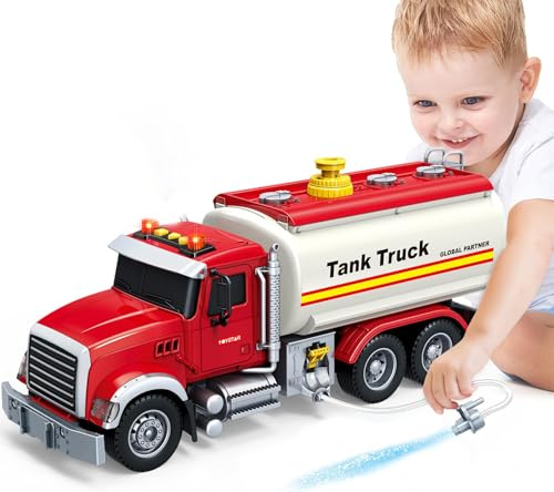 Friction Powered Tanker Truck Toy, Large Red Oil Truck with Lights, Sounds & Water Pump, Play Vehicle for Toddlers 3-8, Holiday Birthday Gift