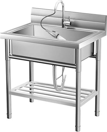 Garvee Freistehende Edelstahl Spültisch Gastro 1 Becken, 50 Cm Gewerbliche Küchenspüle Mit Wasserhahn, Spülschrank Edelstahl Outdoor Spüle Für Küche, Garage, Waschküche, Restaurant, 50T x 46B x 85H Cm