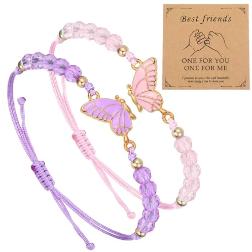 Grevosea 2 Pcs Friendship Bracelets, Butterfly Matching Bracelets Adjustable Strand Bff Bracelets for 2 Best Friend Bracelet Jewelry Gifts for Women Couples Friend (Pink, Purple)
