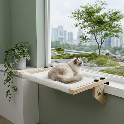 TLDBATICE Heizungsliege Katze, Fensterbank Katzenliege Fenster aus Holz mit Waschbarem Plüschkissen, Katzenbett Heizung Katzenhängematte ohne Bohren, Katzen Hängematte Fenster für Bettkante Heizung