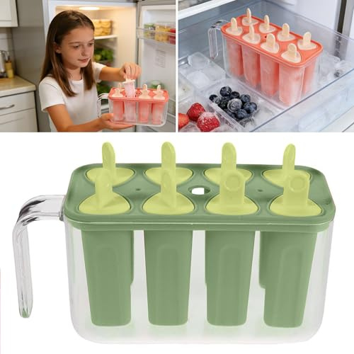 8 Cavity Ice Pop Maker Mold Tray, Food Grade Plastic DIY Ice Cream Container, Reusable Ice Pop Moulds Homemade Popsicle Ice Pop Maker Ice Cream Moulds for Kids Summer DIY Home Kitchen Tools (Green)