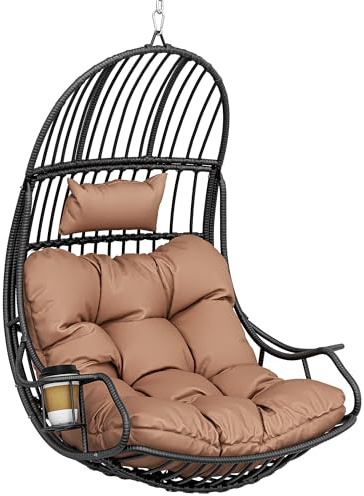 YITAHOME Hanging Egg Swing Chair Max. load 150 kg Rattan Egg Chair Indoor Outdoor Hammock Egg Chair with Cushions & Cup Holder for Patio, Bedroom, Garden and Balcony, Brown