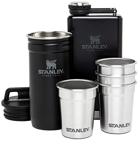STANLEY Adventure Nesting Shot Glass Set and Flask, 4 Stainless Steel Shot Glasses with Rugged Metal Travel Carry Case, Camping Gifts, Matte Black, 2oz