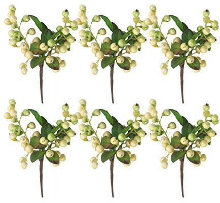 RTWAY Baya artificial, 6 ramas de bayas artificiales de acebo, ramas de bayas artificiales, flores artificiales para manualidades, ramo de novia, decoración de fiestas, color blanco