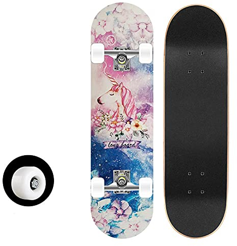 Skateboard Pastell Einhorn Skateboard Kinder ab 8 Jahre 80x20cm 7-Lagigem Ahornholz Longboard Double Kick Komplett für Anfänger Jungen Mädchen Erwachsene Profi Penny Board