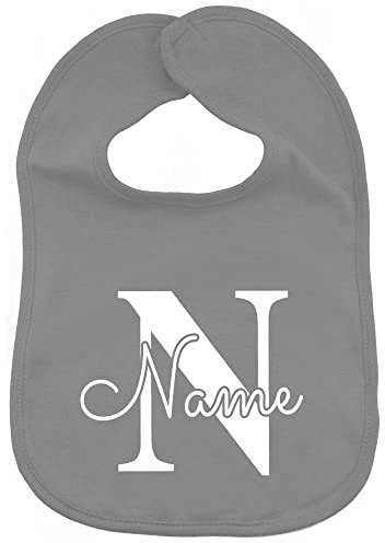 Elefantasie Lätzchen mit Name personalisiert aus 100% Baumwolle Babylätzchen doppellagiger weicher Stoff 38cm lang grau Motiv Buchstabe