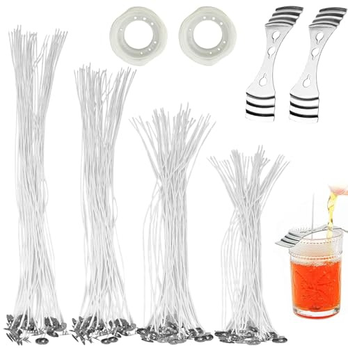 MèChe Bougie, 100 Pcs MèChes De Bougie Naturelles, 25/30/35/40cm avec 2 Supports Fixes en Acier Inoxydable, 200 Pastilles Autocollantes Double Face, pour La Fabrication De Bougies DIY