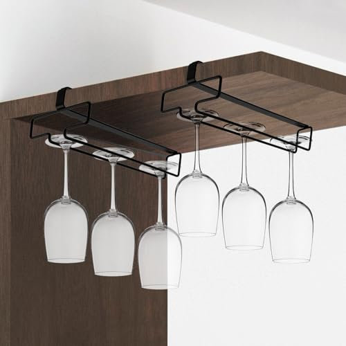 QWORK 2PCS Glass Hanging Shelf Glass Storage Rack for Kitchen, Bar or Dining Room, Black