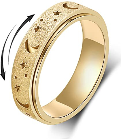 AmorArtSky Ring for Women and Men: Titanium Stainless Steel Spinner Ring, 5 Colors, Size 8, Fidget Ring, Moon Star, Hollow Outer-Gold