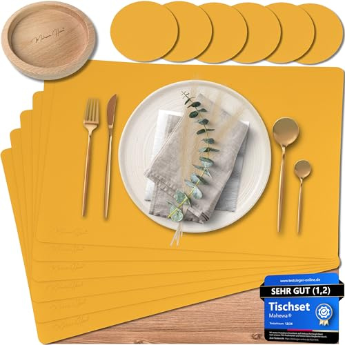 Mahewa® 6er Set Premium Tischset aus Kunstleder - Platzset abwaschbar und wasserdicht - Platzdeckchen Telleruntersetzer in Lederoptik (Senfgelb, Eckig mit Holzhalter)