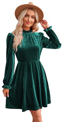 RPAEOY Vestido Mujer Elegante Terciopelo Manga Larga Cuello Alto Vintage Vestido Otoño Invierno Midi Vestidos de Fiesta Coctel Navidad Verde XL