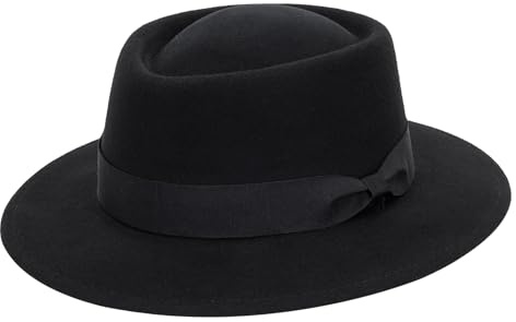 KorhLeoh Pork Pie Hut für Herren, Schwarze Wolle, Flache Oberseite, Fedora, Trilby, Unisex, Breite Krempe (S/M)