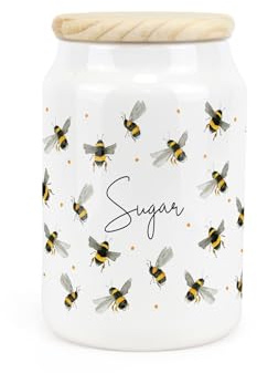 Purely Home Scattered Bees Ceramic Sugar Storage Canister - Bumblebee Ceramic Kitchen Food Storage Container & Wooden Lid 600ml (14.5cm x 9.5cm)