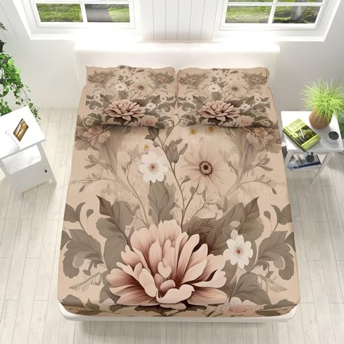 Taupe Weiche Atmungsaktiv Spannbettlaken Set 90x200 cm, Pfingstrose GeblüMt Spannbetttuch Microfaser, Spannbettlaken Tiefe Tasche 30 cm für Hohe Matratzen und Boxspringbett Mit 2 Kissenbezug