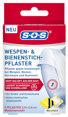 SOS geting- och bistickplåster (5 st.) – lindrar smärta och svullnad – plåster mot insektsgift från getingar, hornetter och humlor – för barn och vuxna – utan kemiska ingredienser