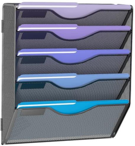 Gawerk 5 Tier Hanging Wall File Organizer, Mesh Mail Paper Orgnization Hanging File Folder Holder for Home Office, Black