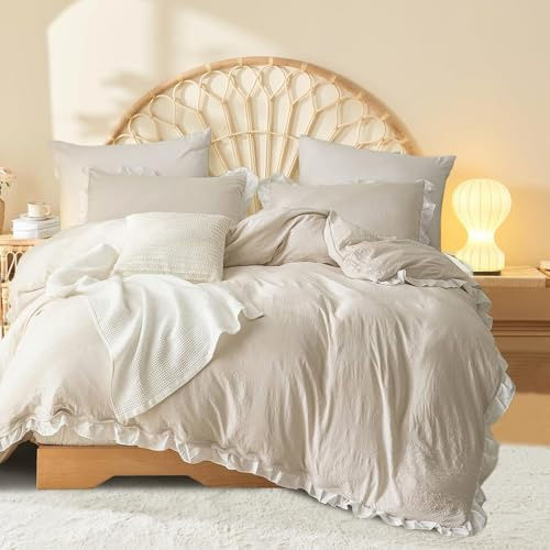 Sedefen Rüschen Bettwäsche 135x200 Beige Weiß Mädchen,aus Mikrofaser | Oeko-TEX zertifizierte,Aesthetic Wendebettwäsche für Allergiker,Romantisch Bettbezug 1 Kissenbezüge 80x80 mit Reißverschluss