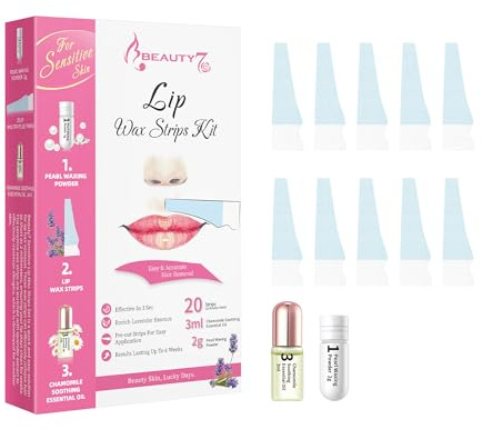 Beauty7 Sensitive Lips Waxing Strips 20pcs Wax Strips with Pearl Powder 2g and Chamomile Essential Oil 3ml After Wax