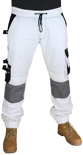 Mens Painter White Work Trousers Jogger Style Multi Pocket Decorators Cargo Safety Trousers Pants (MJ1-WHITE, L)