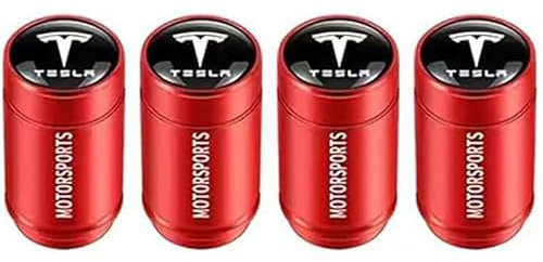 IUYTGTR 4 Stück Auto Ventilkappen, für Tesla Model Y (2020+) [5 Seater] Leuchtende Reifenkappen, Mit Beschriftung Ventilkappen Auto Reifen Staubkappen,Red-normal