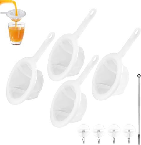 Deepton 4 Stück Sieb Fein, Feines Sieb Küche Mit Griff, 400/300/200/100 Mesh Haarsieb Küche Mit 4 Haken und 1 Rührstab, Küchensieb Kunststoff, Plastiksieb Kefir, Passiersieb für Saft, Milch, Kaffee