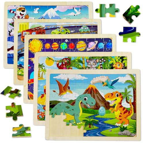 Kulveanju Träpussel barn från 3 4 år – 5 set 60 bitar djur dino pussel barn, förskola lärorik Montessori träleksak, stickpussel träleksak, gåva för småbarn pojkar och flickor
