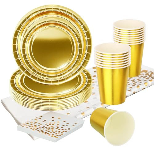 69 piezas de vajilla dorada metálica, vajilla de fiesta dorada brillante, platos de papel dorado metálico, tazas, servilletas y mantel para ella, suministros de fiesta de cumpleaños, decoración de