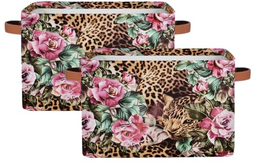 MPTPTM Cube Storage Basket, Leopard Print And Rose Canvas Baskets with PU Handle, Large Capacity Storage Bins for Closet Toys Trunk Laundry hamper 2pcs