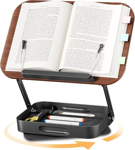 SupeDesk Buchständer Holz mit praktischem Stauraum, 360° drehbarer Buchhalter Leseständer, höhenverstellbarer Kochbuchhalter,kratzfreier Seitenclip mit Kugellager,tragbar,faltbar,für Schule,Büro,Küche