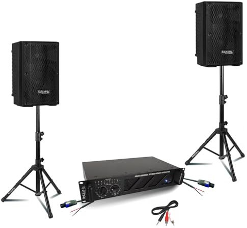 Ibiza XTK8-MKII - Pack de 2 altavoces pasivos de 8 pulgadas, 200 W, amplificador de 2 x 240 W, AMP300-MKII, patas de soporte, cables Speakon, fiesta DJ