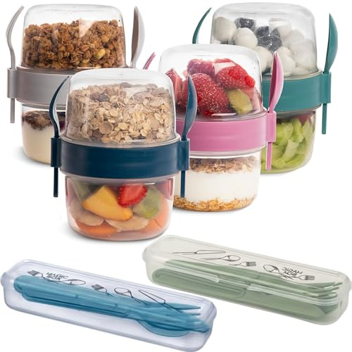 Sanrik Overnight Oats Jars with Lids – Reusable Breakfast Pots for Yogurt, Granola, Porridge – Plastic Containers with Spoon Holders – Includes 2 Cutlery Sets (Fork, Knife, Spoon in Box) (4Pack_800ml)
