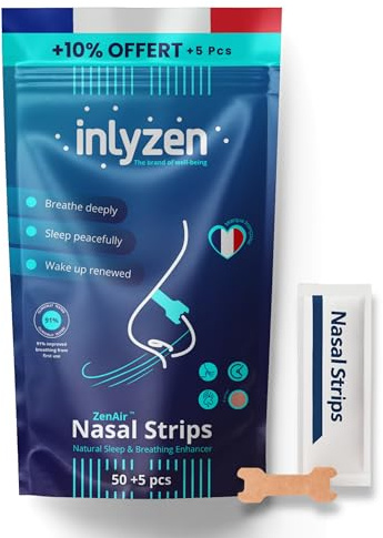 Inly Zen - Strip Nasal Anti Ronflement – Bandelettes Nasales Hypoallergéniques - Certifiées CE - Certifié ISO 13485 - Respiration Facile Toute la Nuit - Sans Médicament (50) + 5 Gratuits